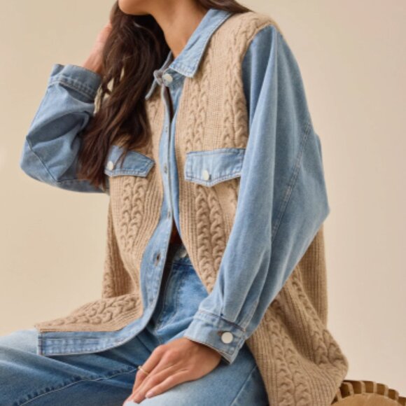 Altar'd State Wilma Cable Denim Mixed Button-Up Cardigan - Picture 1 of 6